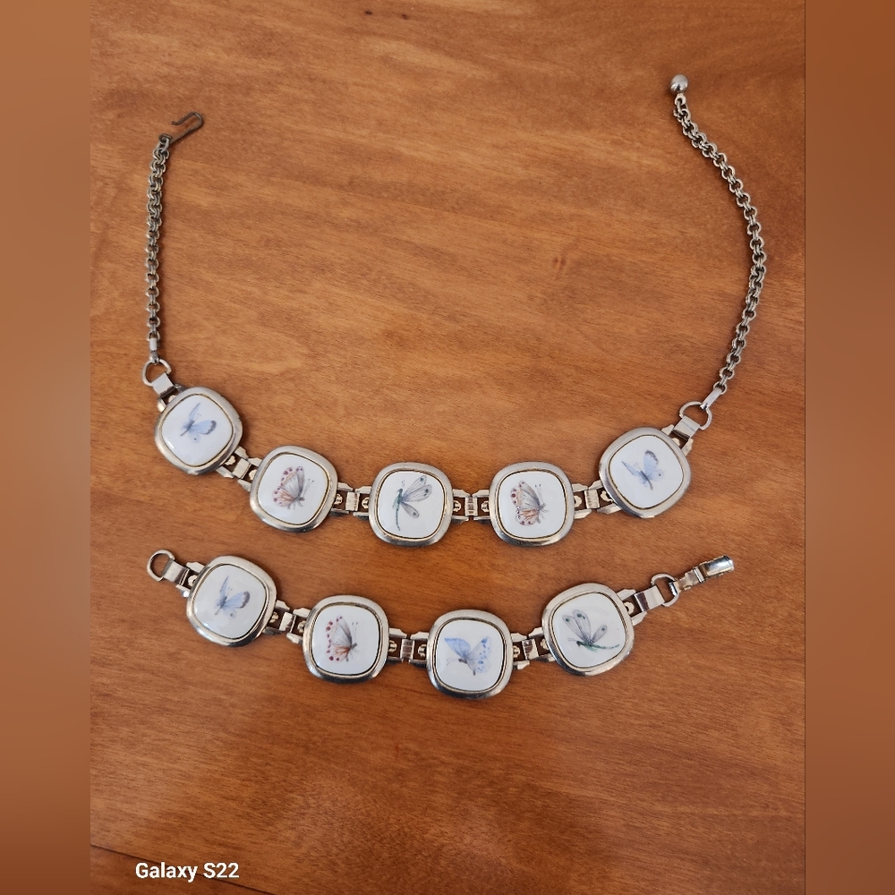 Vintage Porcelain Tile Butterfly Silver-Tone Necklace And Bracelet Set